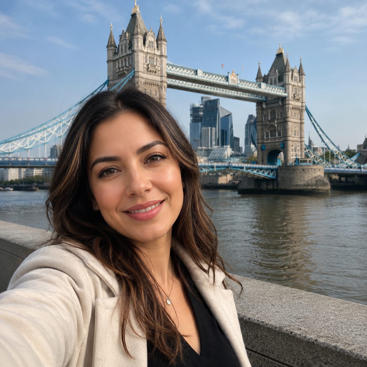 Mujer frente al Tower Bridge de Londres