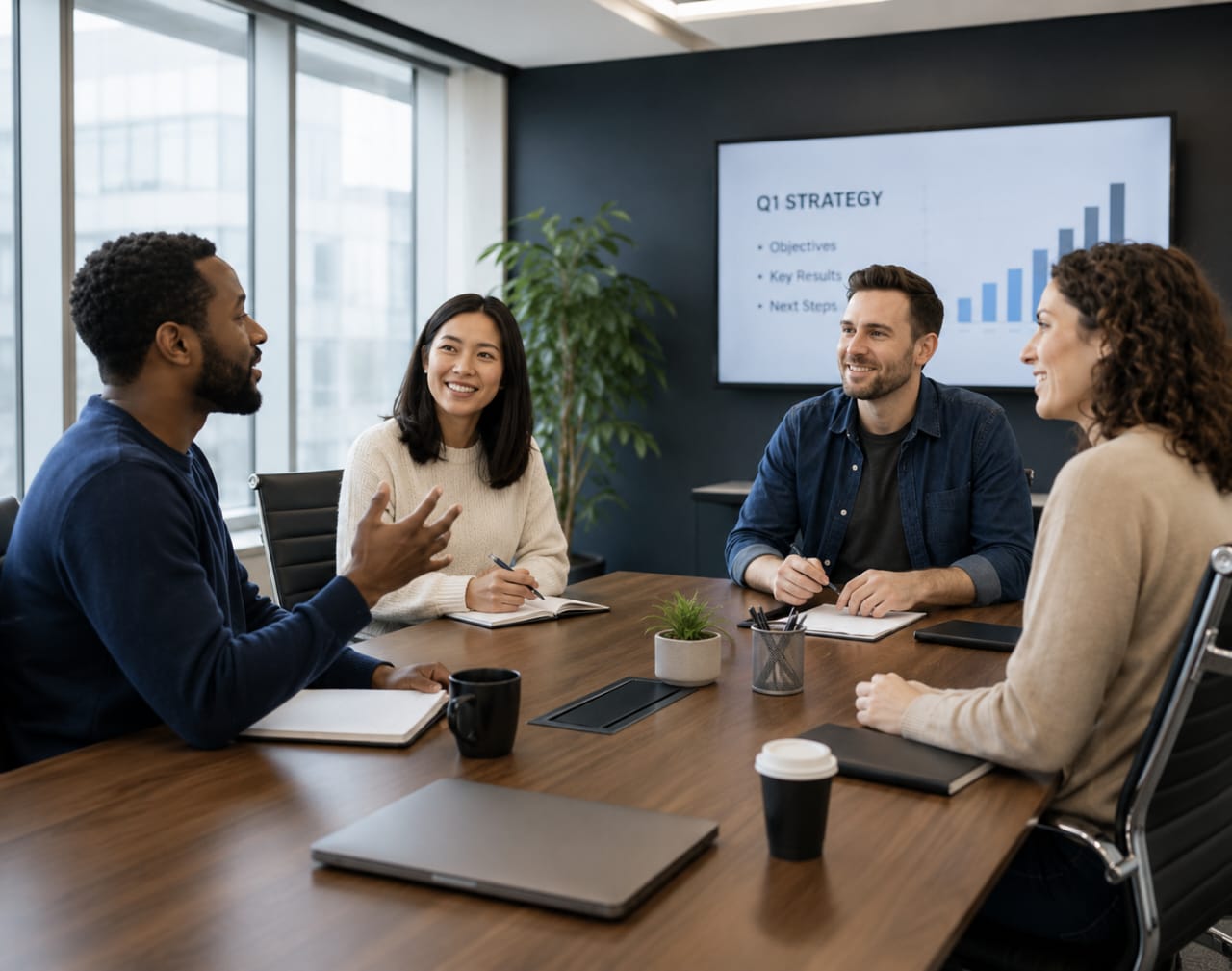 Profesionales conversando durante una reunión de trabajo
